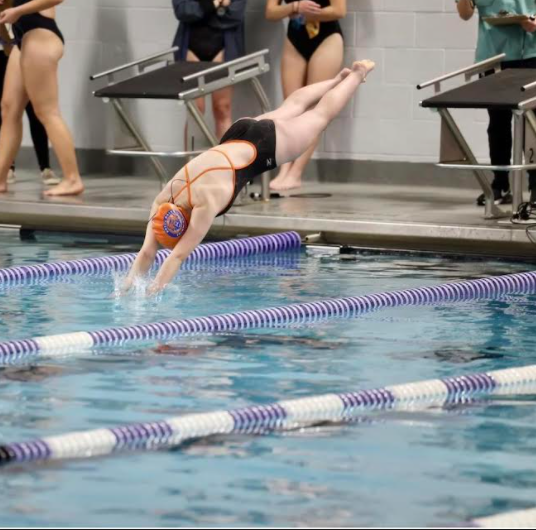 Iris Swafford (25) diving into the lanes at a meet at the Hannibal YMCA.