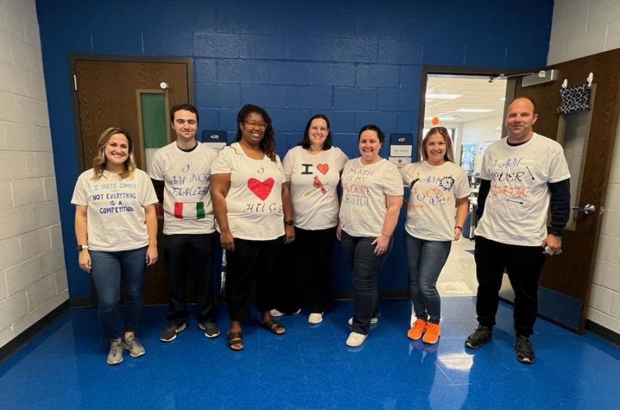 History teacher, Mrs. Ohlms designed a shirt for everyone in her department.  Mrs. Kahoe, Mrs. Dockett, and Mrs. Ohlms decided in a group chat what everyones would say, Matteoni said. Someone said mine might be I love the Cubs, but it said Im not Italian.