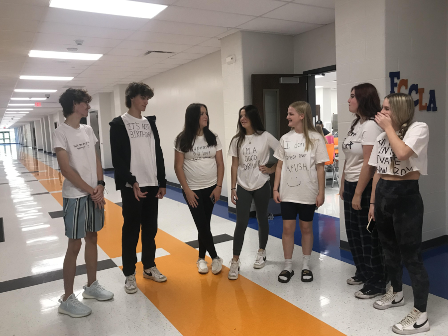 Tommy Kircher (23), Peyton Sitzmann (26), Hayden Billings (25), Evelyn Martin (25), Sydney VanGundy (25), Avery Bridegan (26) and Delaney Gaffney (26) were pulled out of culinary arts class because a lot of them had some clever white lies. I was most excited for White Lie Day because I thought it would be something weve never done before and new to the school, Kircher said.