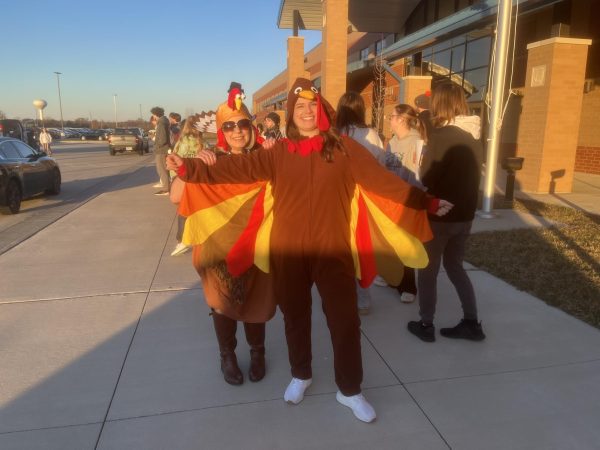 Ms. Hill and Mrs. Krug dressing up to support our Turkey Drive