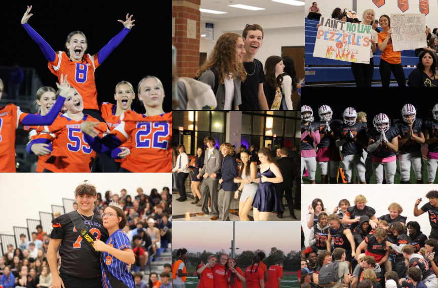 Collage of photos including powderpuff, fall pep rally, pink out, first week of school, Swafford, and homecoming. (Photos by: Vanessa Jennerjohn, Emily Berghold, Phelps, Maggie  Wallace, and Lana Ingle)
