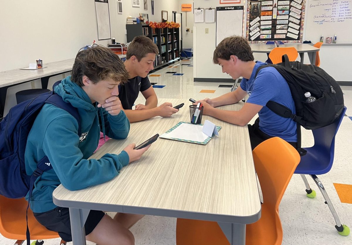 Brody Pierce ('28), Ben Billeau ('28) and Adam Sizemore ('28) are beginning to get used to the new cell phone rule. "We like to be on our phones before school, but we get off of them as soon as the bell rings," Sizemore said. 