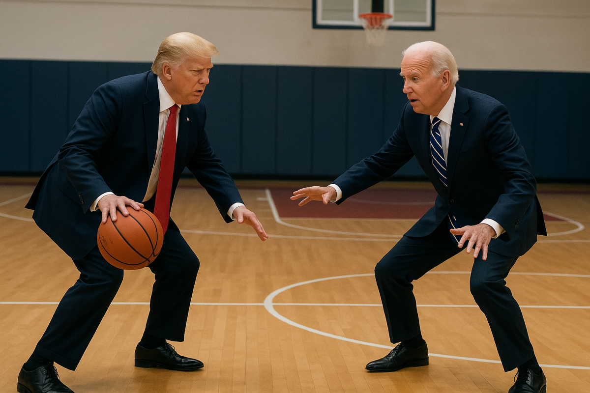 This AI Image generated by Colby Hunter through ChatGPT, depicts president Donald Trump and former president Joe Biden engaging in a friendly game of basketball.