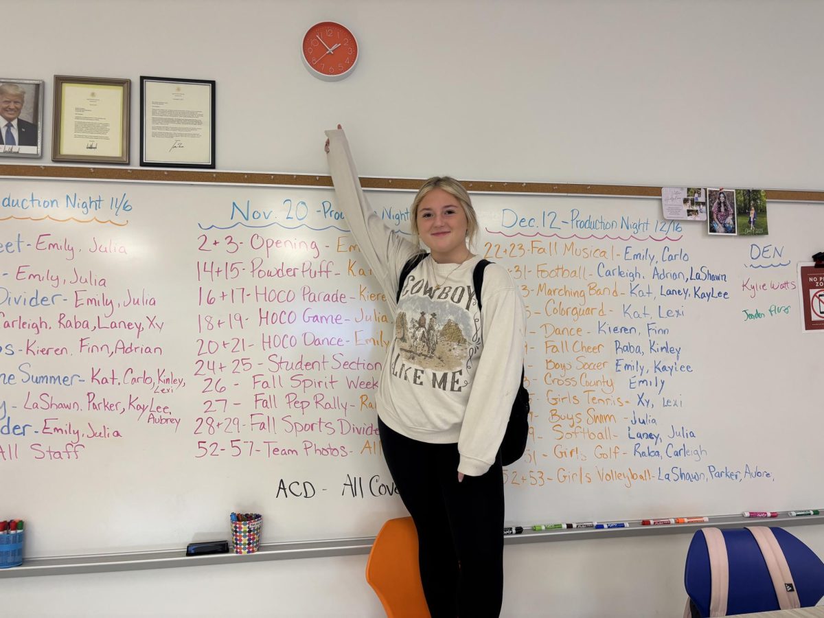 Brenley Pate (29) is letting the class know that there is still time to get work done.