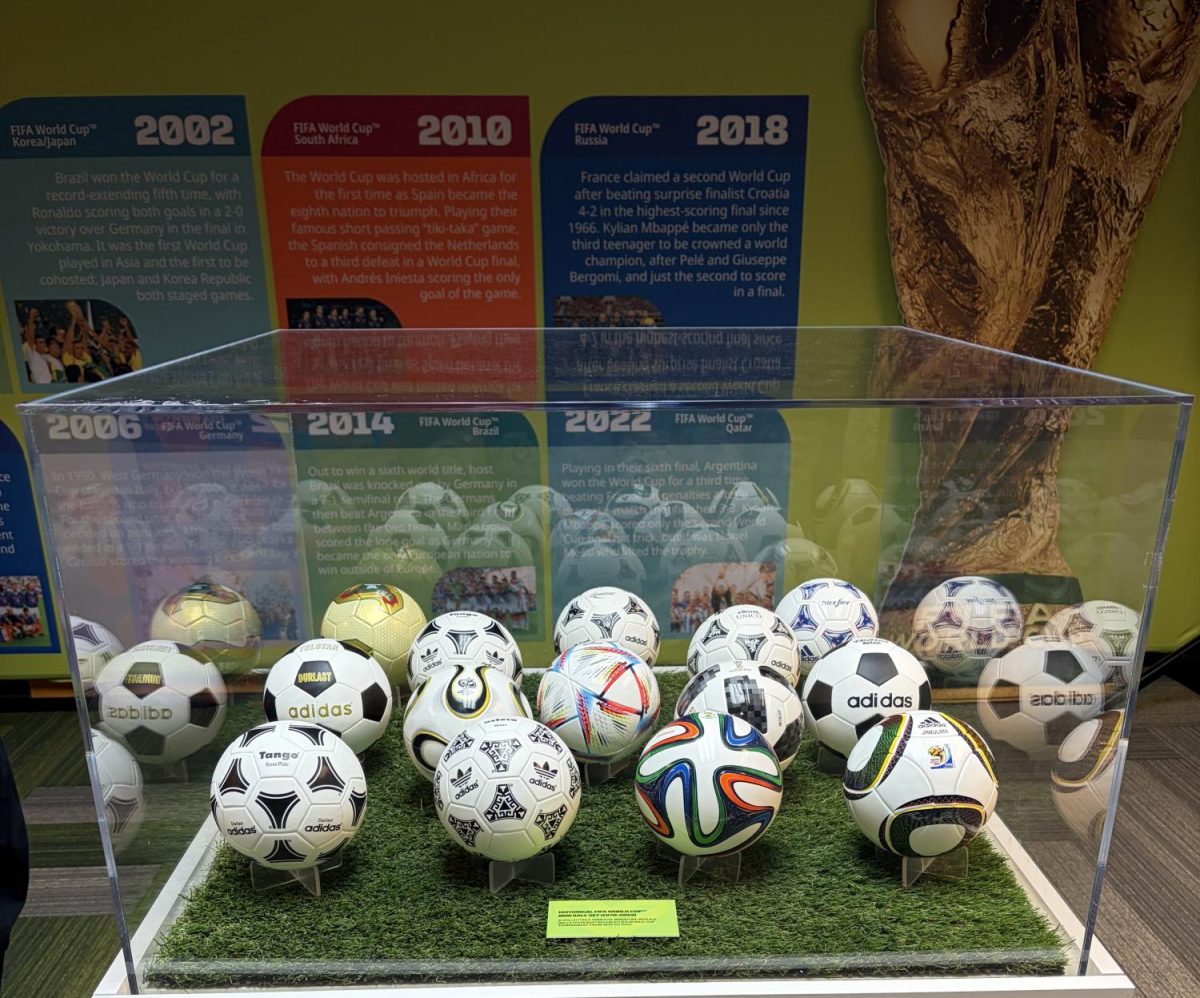 This is a collection of World Cup balls used throughout the years that is on display in Kansas City, one of the host cities for the 2026 World Cup.